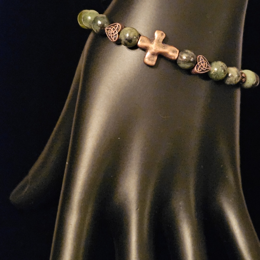 Handbeaded Moss Agate Gemstone Bracelet with Copper Cross